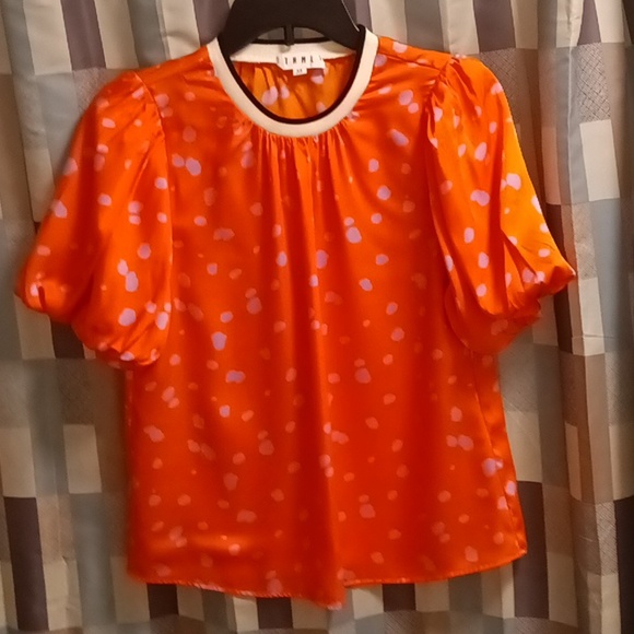 THML polyester orange/lavender splotched blouse w puffer sleeves/crewneck XS - Picture 8 of 11